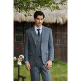 Blue Grey Line Herringbone Twill Tweed 3 Piece Suit - Yoosuitan