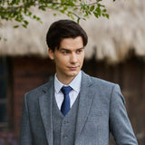 Blue Grey Line Herringbone Twill Tweed 3 Piece Suit - Yoosuitan