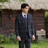 Navy Blue Grey Windowpane Twill Tweed 3 Piece Suit - Yoosuitan