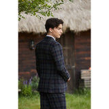 Navy Blue Grey Windowpane Twill Tweed 3 Piece Suit - Yoosuitan