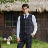 Navy Blue Grey Windowpane Twill Tweed 3 Piece Suit - Yoosuitan