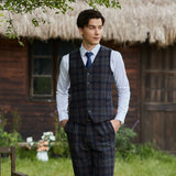 Navy Blue Grey Windowpane Twill Tweed 3 Piece Suit - Yoosuitan