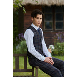 Navy Blue Grey Windowpane Twill Tweed 3 Piece Suit - Yoosuitan