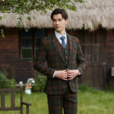 Green Red Windowpane Twill Tweed 3 Piece Suit - Yoosuitan