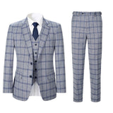 Men Slim Fit Light Grey Plaid 3 pcs Suit Jacket Vest Pants