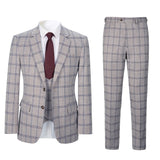 Men Regular Fit Cream Plaid 3 pcs Suit Jacket Vest Pants