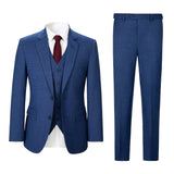 Men Slim Fit Dark Blue Plaid 3 pcs Suit Jacket Vest Pants