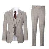 Men Slim Fit Sand Plaid 3 pcs Suit Jacket Vest Pants
