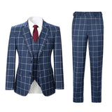 Men Slim Fit Navy Blue Plaid 3 pcs Suit Jacket Vest Pants