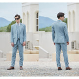 Men Light Blue Herringbone Linen 3 pcs Suit Slim Fit Beach Wedding Tuxedo