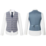 Men Slim Fit Light Grey Plaid 3 pcs Suit Jacket Vest Pants