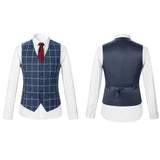 Men Slim Fit Navy Blue Plaid 3 pcs Suit Jacket Vest Pants