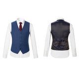 Men Slim Fit Dark Blue Plaid 3 pcs Suit Jacket Vest Pants