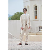 Men Cream Herringbone Linen 3 pcs Suit Slim Fit Beach Wedding Tuxedo
