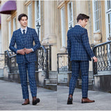 Men Slim Fit Navy Blue Plaid 3 pcs Suit Jacket Vest Pants