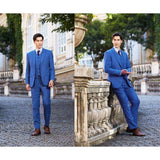 Men Regular Fit Blue Plaid 3 pcs Suit Jacket Vest Pants
