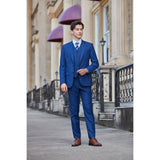 Men Slim Fit Dark Blue Plaid 3 pcs Suit Jacket Vest Pants