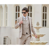 Men Sand Color Herringbone Linen 3 pcs Suit Slim Fit Beach Wedding Tuxedo