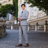 Men Slim Fit Light Grey Plaid 3 pcs Suit Jacket Vest Pants