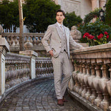 Men Slim Fit Sand Plaid 3 pcs Suit Jacket Vest Pants