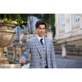 Men Slim Fit Light Grey Plaid 3 pcs Suit Jacket Vest Pants