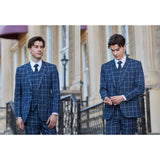 Men Slim Fit Navy Blue Plaid 3 pcs Suit Jacket Vest Pants