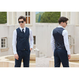 Men Navy Herringbone Linen 3 pcs Suit Slim Fit Beach Wedding Tuxedo
