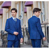 Men Slim Fit Dark Blue Plaid 3 pcs Suit Jacket Vest Pants