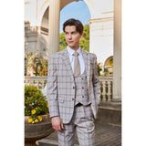 Men Regular Fit Cream Plaid 3 pcs Suit Jacket Vest Pants