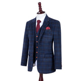 Navy Overcheck Twill Tweed 3 Piece Suit - Yoosuitan