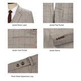 Men Slim Fit Sand Plaid 3 pcs Suit Jacket Vest Pants