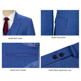 Men Regular Fit Blue Plaid 3 pcs Suit Jacket Vest Pants