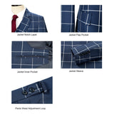 Men Slim Fit Navy Blue Plaid 3 pcs Suit Jacket Vest Pants