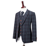 Dark Blue Windowpane Tweed 3 Piece Suit - Yoosuitan