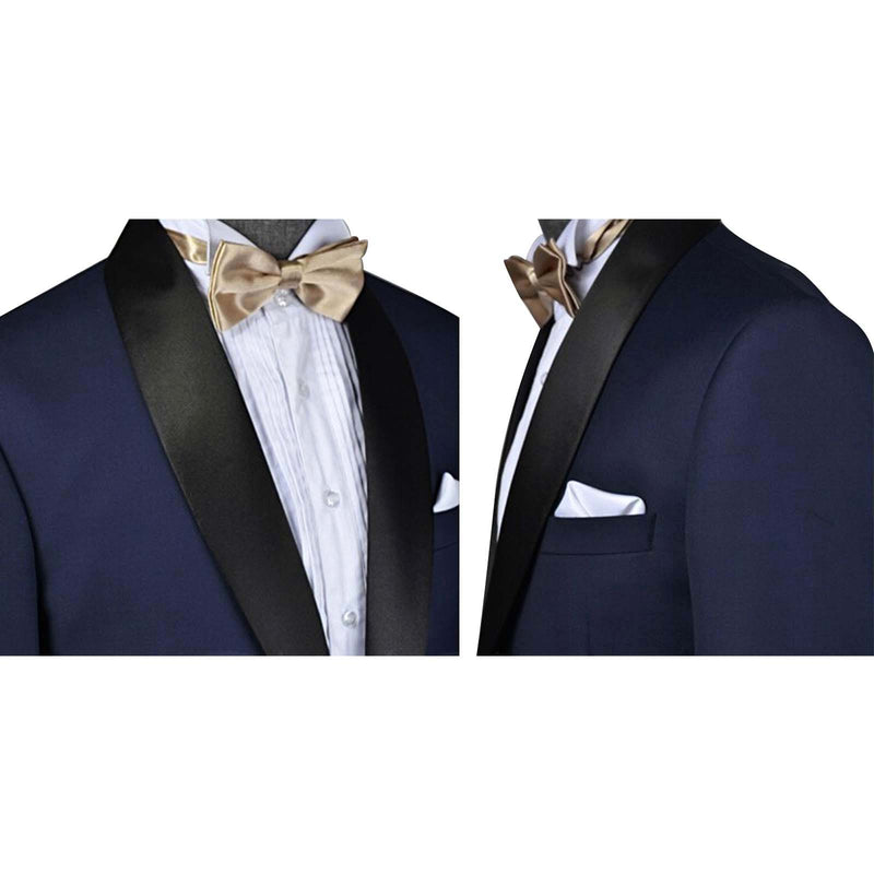 Navy Blue Worsted Wool 2 Piece Tuxedo Shawl Lapel Jacket and Pants - Yoosuitan