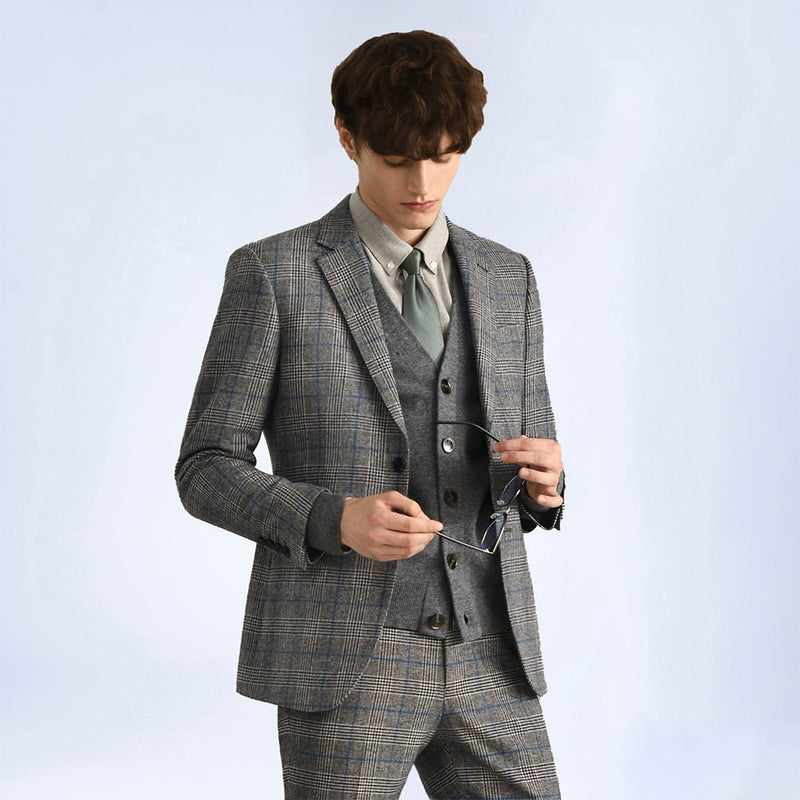 GREY WINDOWPANE TWEED 3 PIECE SUIT - Yoosuitan