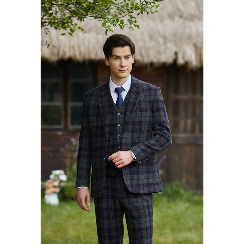 Navy Blue Grey Windowpane Twill Tweed 3 Piece Suit