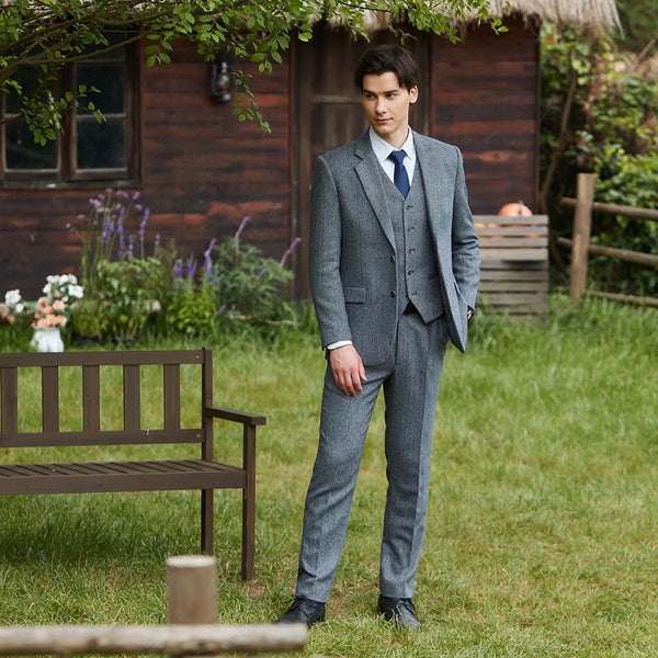 Blue Grey Line Herringbone Twill Tweed 3 Piece Suit