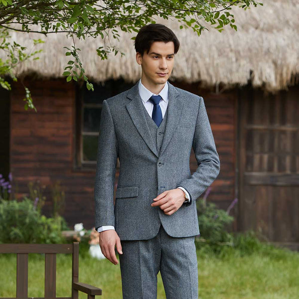 Blue Grey Line Herringbone Twill Tweed 3 Piece Suit