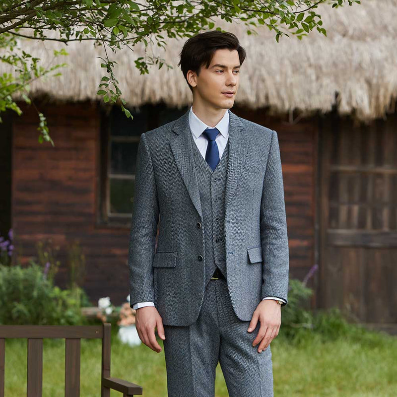 Blue Grey Line Herringbone Twill Tweed 3 Piece Suit