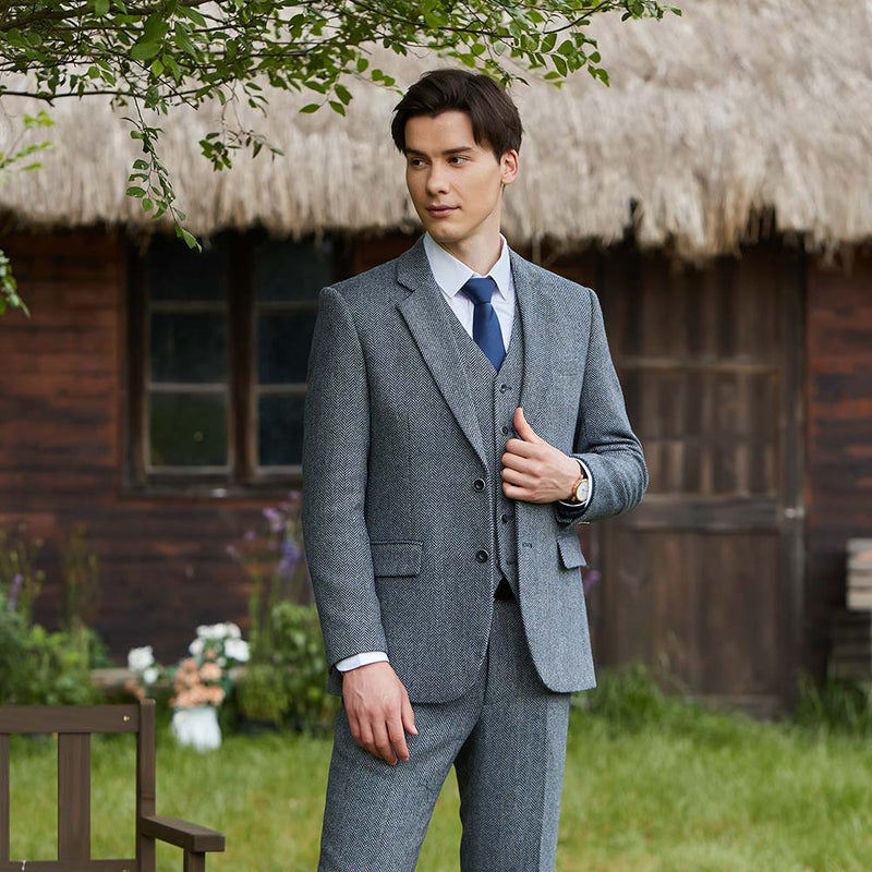 Blue Grey Line Herringbone Twill Tweed 3 Piece Suit