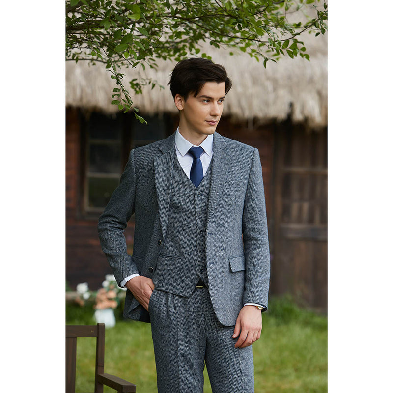 Blue Grey Line Herringbone Twill Tweed 3 Piece Suit