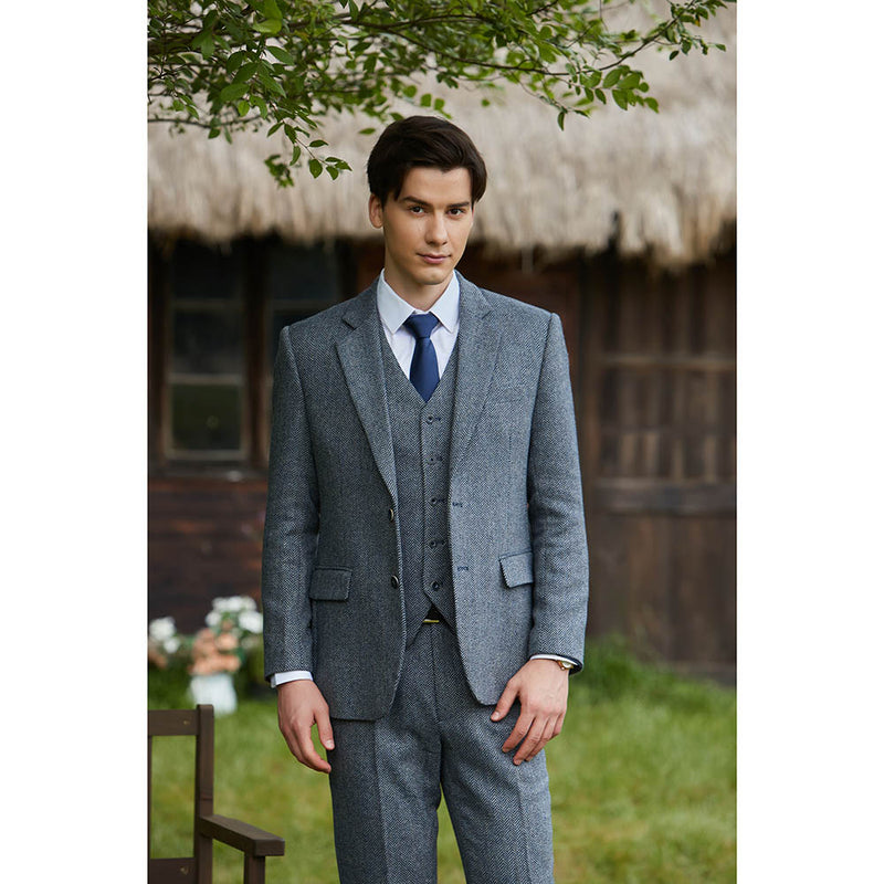 Blue Grey Line Herringbone Twill Tweed 3 Piece Suit