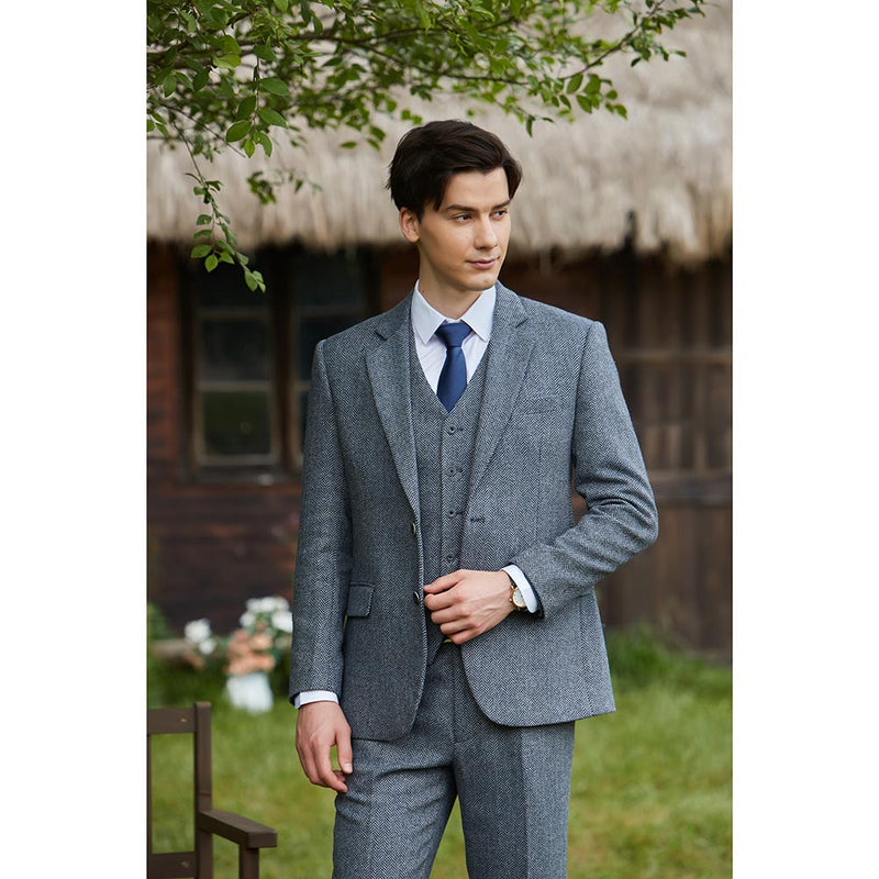 Blue Grey Line Herringbone Twill Tweed 3 Piece Suit