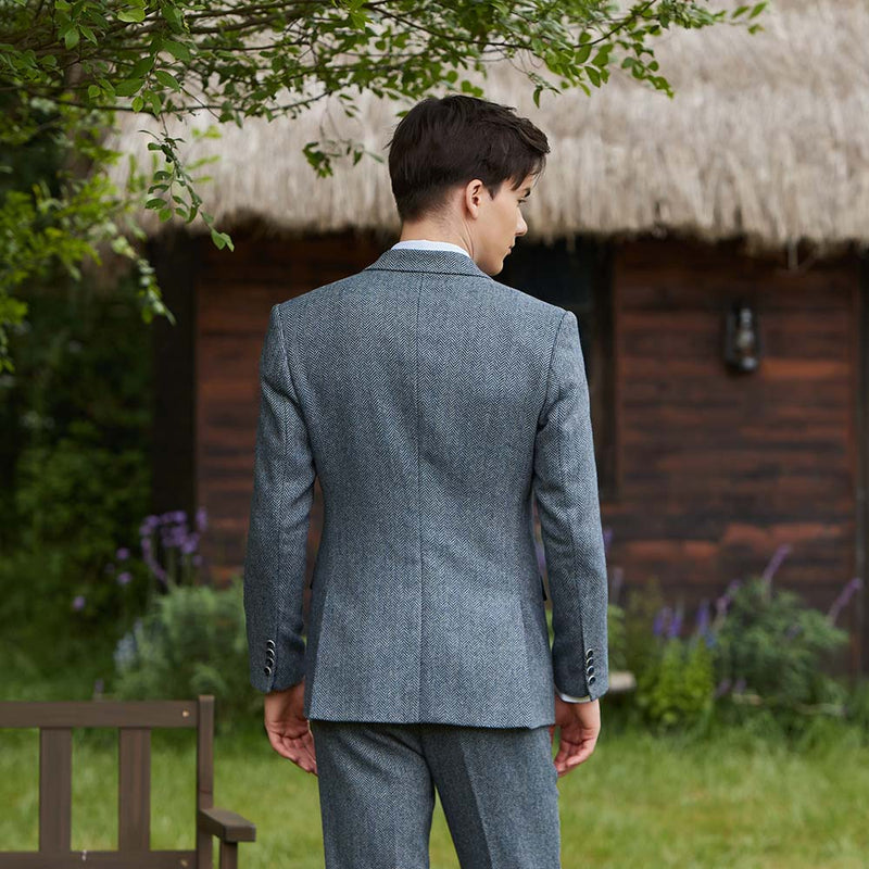 Blue Grey Line Herringbone Twill Tweed 3 Piece Suit