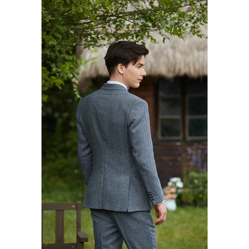 Blue Grey Line Herringbone Twill Tweed 3 Piece Suit