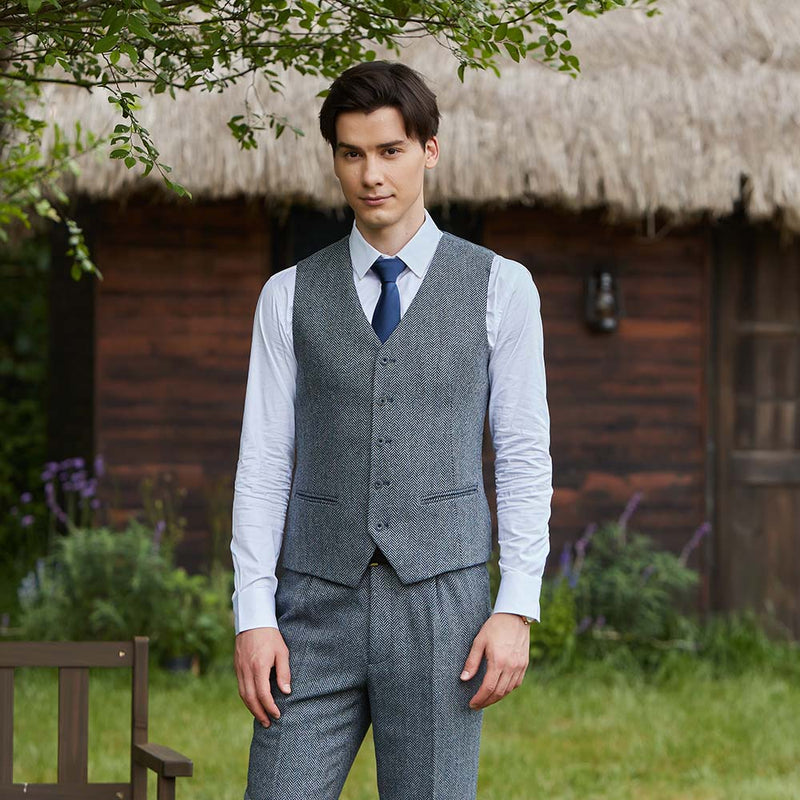 Blue Grey Line Herringbone Twill Tweed 3 Piece Suit