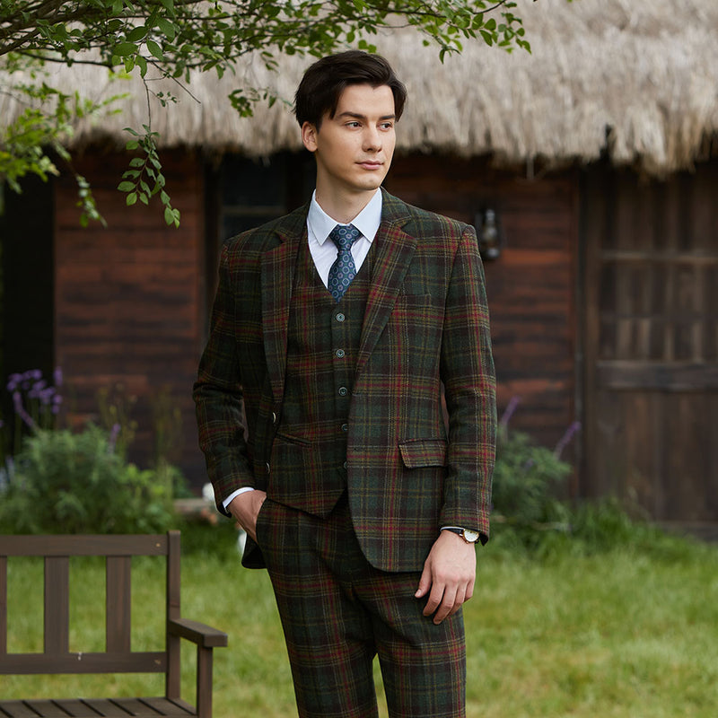 Green Red Windowpane Twill Tweed 3 Piece Suit