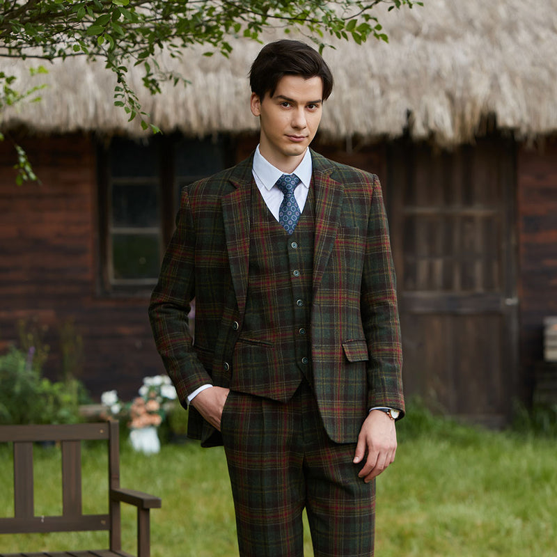 Green Red Windowpane Twill Tweed 3 Piece Suit