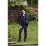 Navy Blue Grey Windowpane Twill Tweed 3 Piece Suit